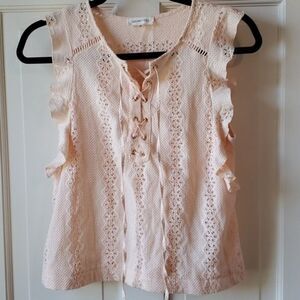 SUGAR LIPS BLUSH PINK PEACH COTTON EYELET RUFFLE TOP SMALL RUFFLE LACE UP GIRLY
